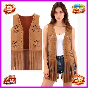 Faux Suede Fringe Vest Sleeveless Western Boho Tassel Outfit Large